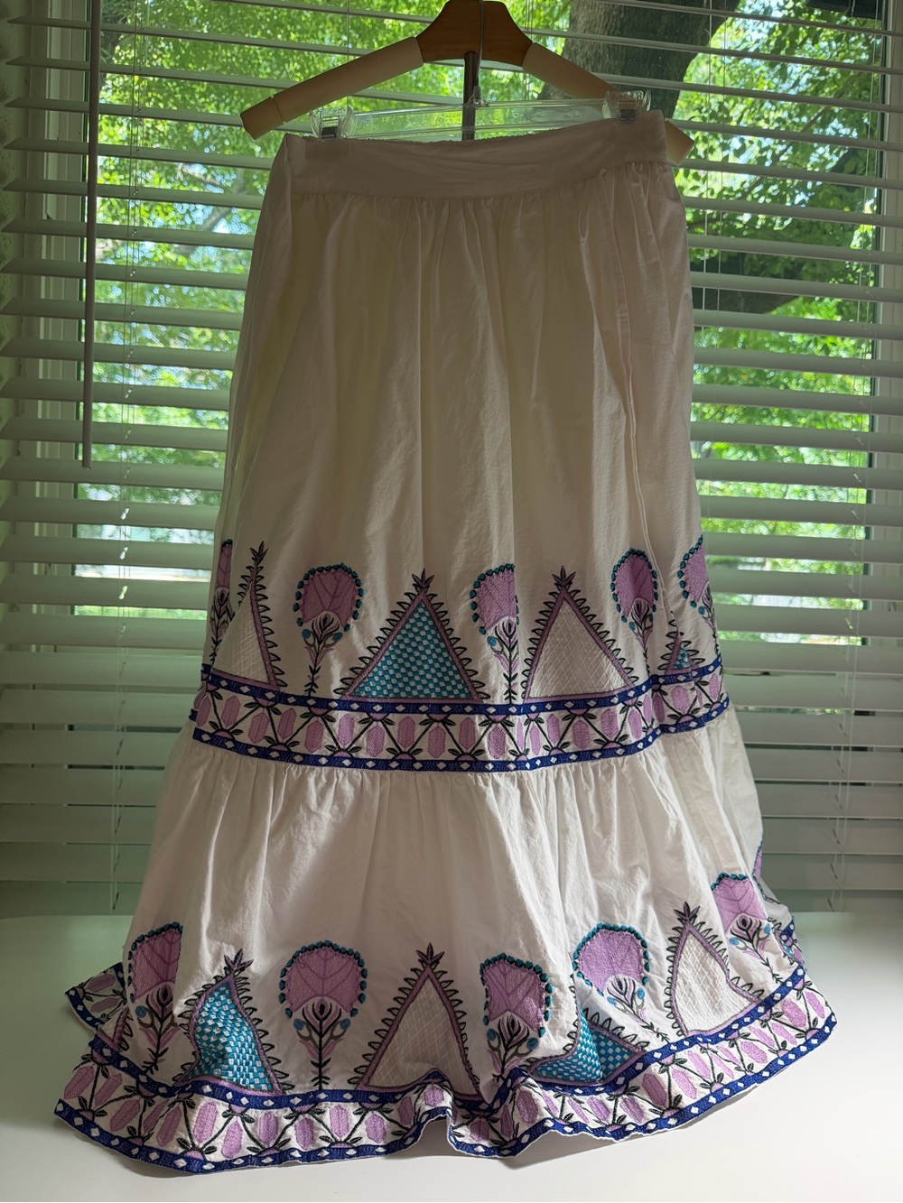Anthropologie White Maxi Skirt with Pink & Blue Embroidery